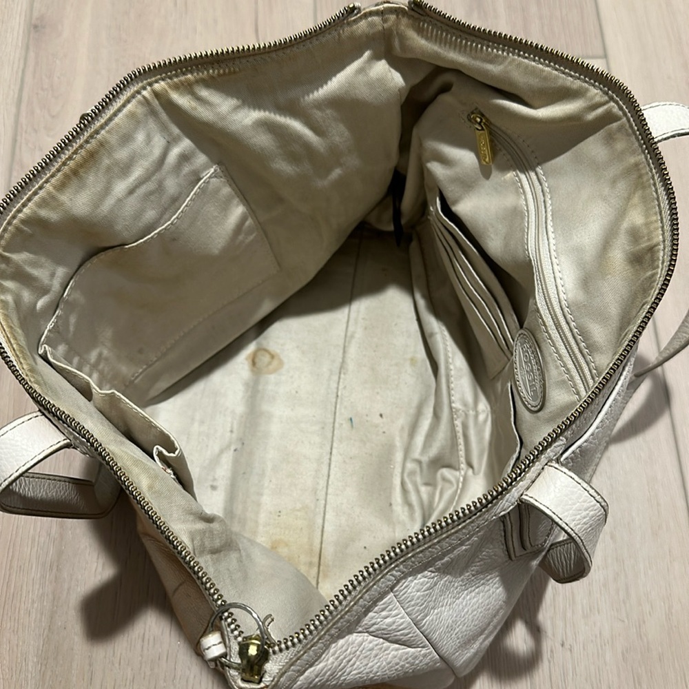 Fossil Off White Leather Rose Gold Handbag Purse Over the Shoulder Bag Zip Close - Picture 8 of 13